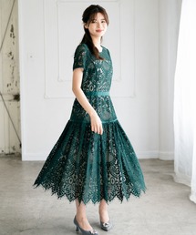 新品 ミッシュマッシュ レース膝丈ワンピース 結婚式 フレア袖 二次会 パーティ MISCH MASCH ドレス レース切替ワンピース「結婚式/オケージョン