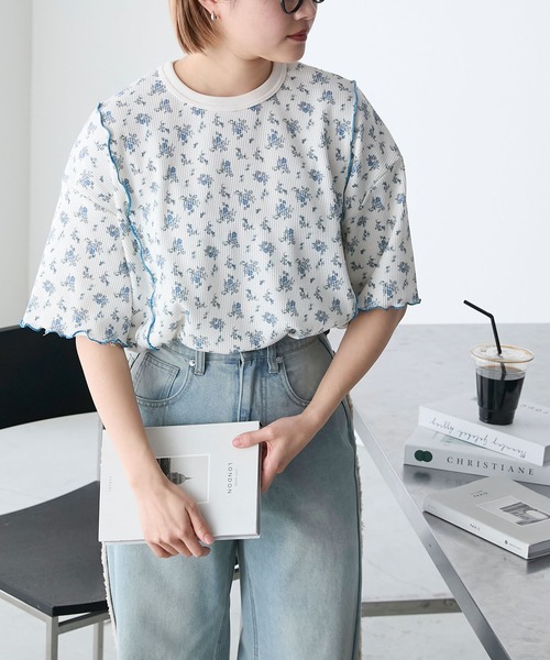 tシャツ 「WEB限定」ウェーブメローセットアップ レディース ウェーブジャガードメロープチハイネック5分袖Tシャツ M