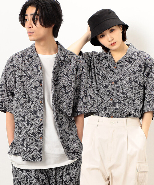 beauty&youth アフリカンプリント5分袖シフォンシャツ Purple&Yellow（パープルアンドイエロー） シャツ コットンアフリカン