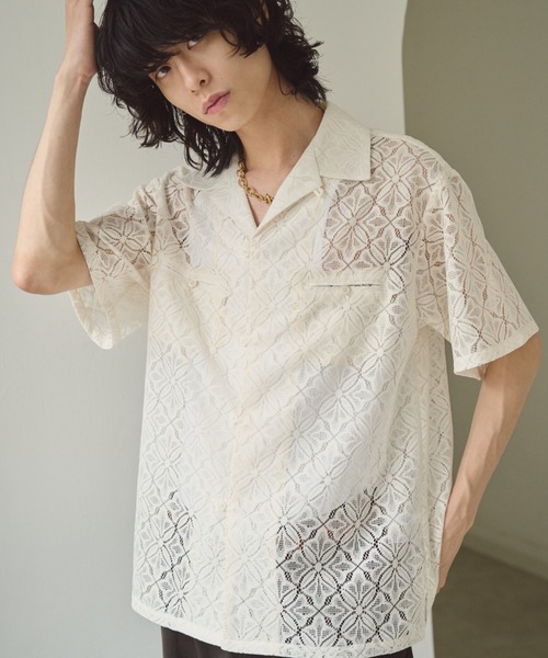 【サイズM】Camphor wood シャツ　刺繍 Camphor wood シャツ sheer flower embroidery shirts