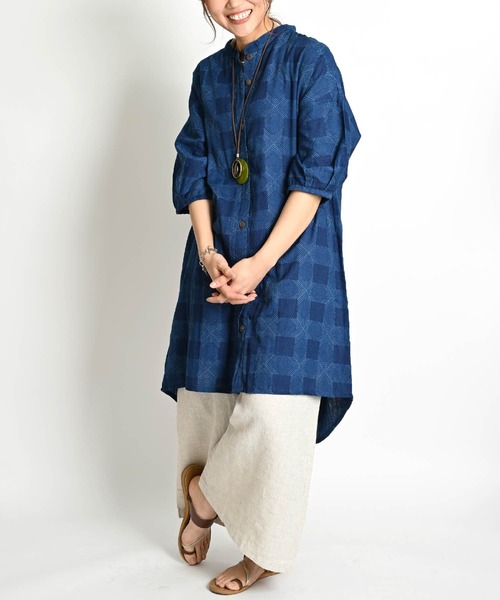 ブラウス シャツ 藍染め 7分袖 インディゴロングシャツ レディース メンズ marai ブラウス シャツ 藍染め 7分袖 インディゴロングシャツ