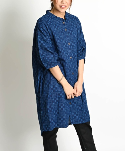 ブラウス シャツ 藍染め 7分袖 インディゴロングシャツ レディース メンズ marai ブラウス シャツ 藍染め 7分袖 インディゴロングシャツ