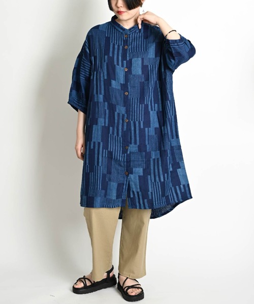 ブラウス シャツ 藍染め 7分袖 インディゴロングシャツ レディース メンズ marai ブラウス シャツ 藍染め 7分袖 インディゴロングシャツ