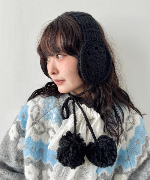 SOLLON.（ソルロン） 耳当て イヤーマフ フラワークロシェ編みポンポン