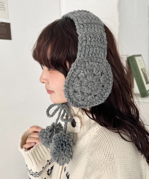 SOLLON.（ソルロン） 耳当て イヤーマフ フラワークロシェ編みポンポン