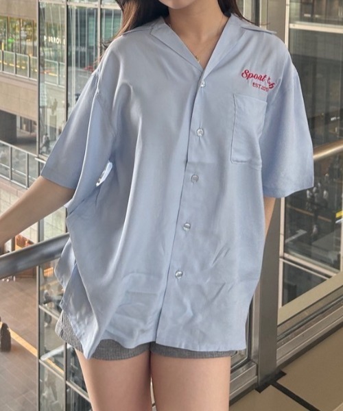 ブラウス シャツ オープンカラーエンブロイダリーボーリングシャツ レディース