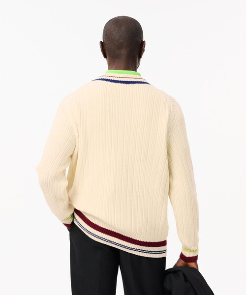 LACOSTE セーター ニット 配色ボーダー Vネックリブニット