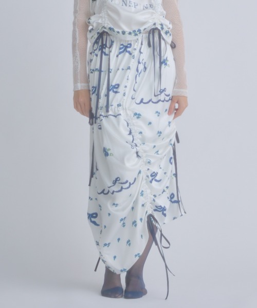 monepine ロング スカート original print gather skirt/オリジナル 