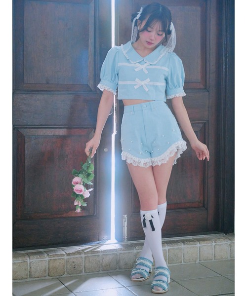 ミーロワールおリボンレースパフTOPSパールレースショートパンツ