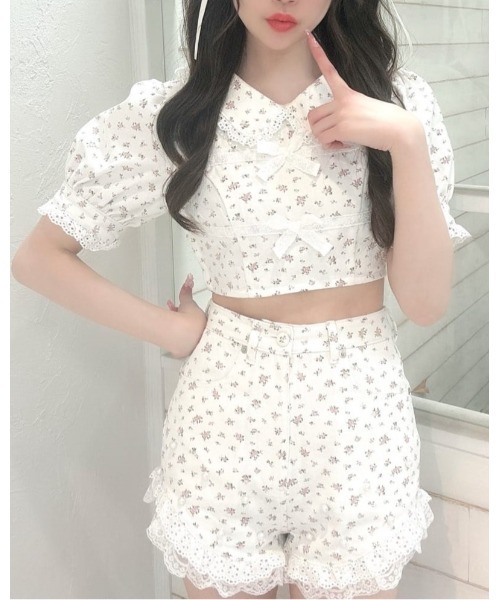 ミーロワールおリボンレースパフTOPSパールレースショートパンツ