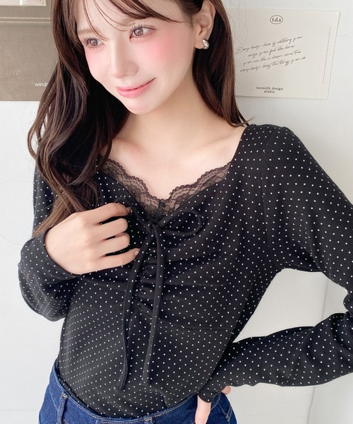 tシャツ 無地×ドットプリントフロントレースギャザーリボン長袖トップス レディース | moment+ | 04