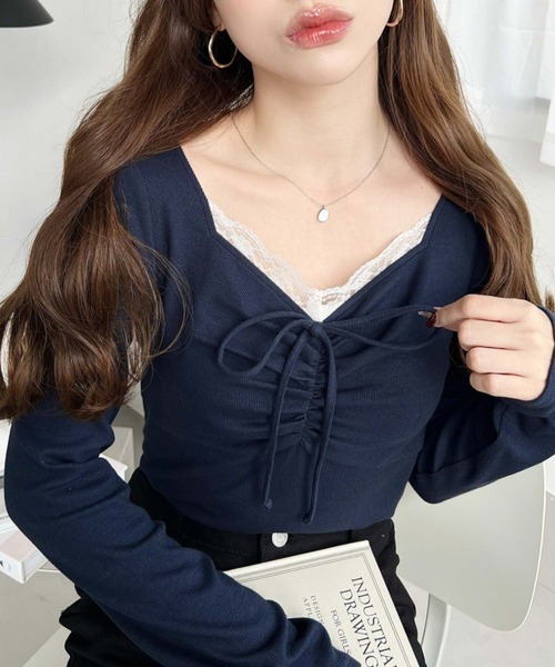 moment+ tシャツ 無地×ドット×花柄フロントレースギャザーリボン長袖