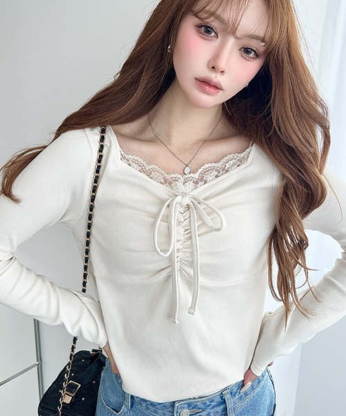 moment+ tシャツ 無地×ドット×花柄フロントレースギャザーリボン長袖