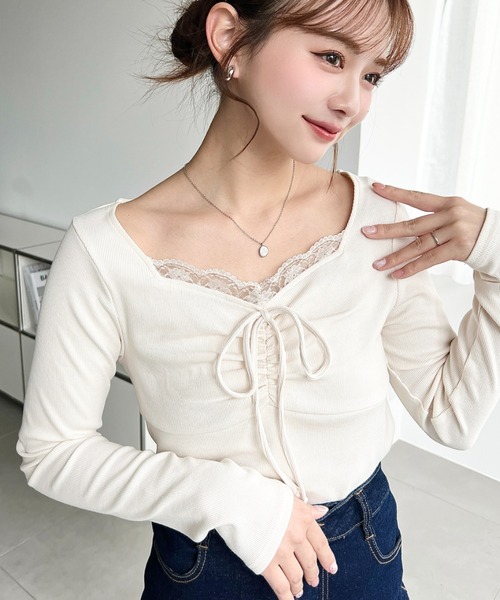 moment+ tシャツ 無地×ドット×花柄フロントレースギャザーリボン長袖