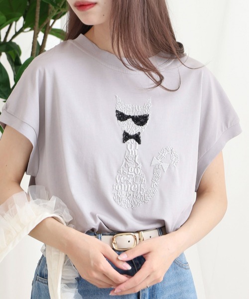 tシャツ EGLANTINE ネコデザイン刺繍カットソー レディース