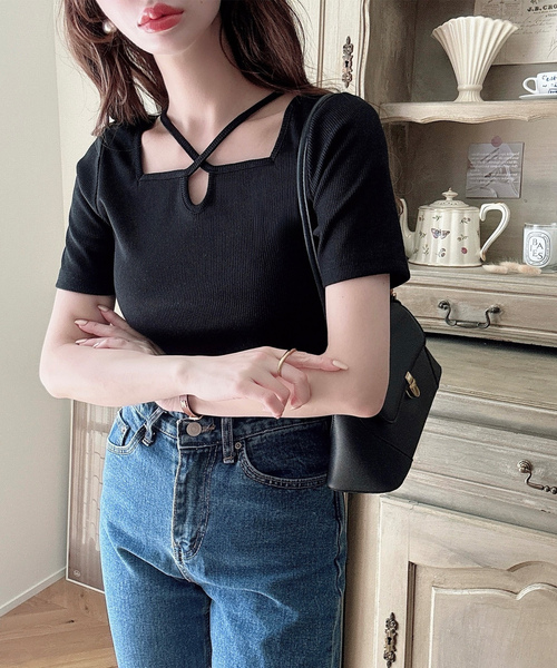 「Meiru」 半袖カットソー LARGE ブラック レディース