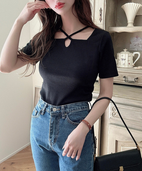 「Meiru」 半袖カットソー LARGE ブラック レディース