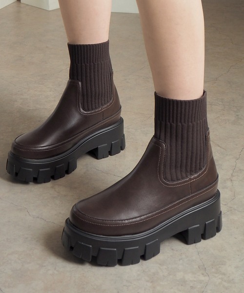 minia（ミニア） ブーツ 伸縮リブニットで足首きゅ！ 厚底ニットブーツ