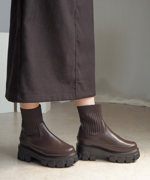 minia（ミニア） ブーツ 伸縮リブニットで足首きゅ！ 厚底ニットブーツ