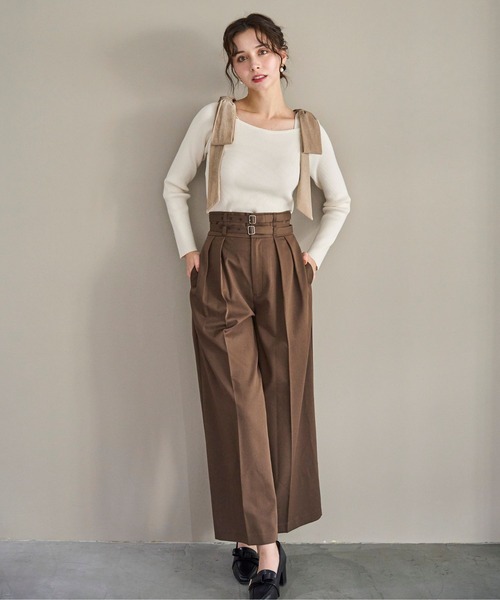 リボン付きベージュニットセーター TITTY＆CO.（ティティーアンドコー） ニット セーター チェックリボン