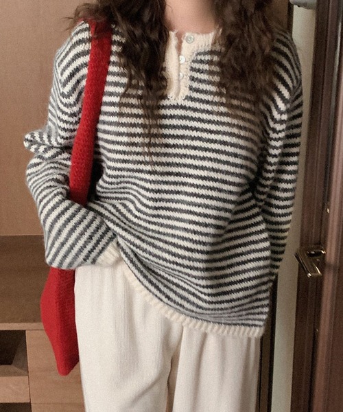 ニット セーター ヘンリーネックボーダーニット レディース : ZOZOTOWN