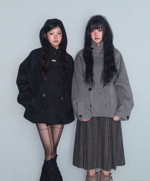 FAVORITO ピーコート pコート フード付きダブルブレストメルトン