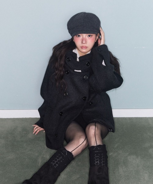 FAVORITO ピーコート pコート フード付きダブルブレストメルトン