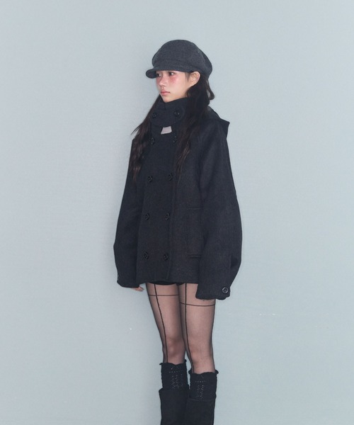 FAVORITO ピーコート pコート フード付きダブルブレストメルトン