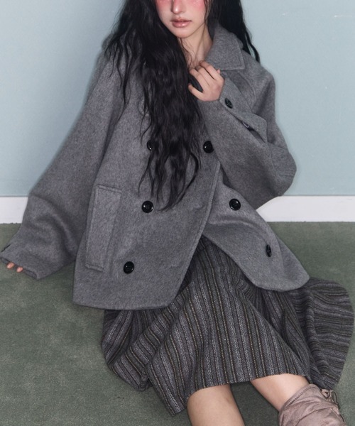 FAVORITO ピーコート pコート フード付きダブルブレストメルトン