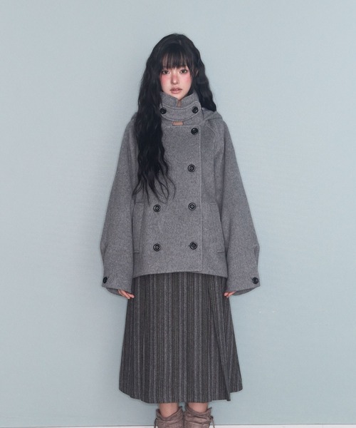 FAVORITO ピーコート pコート フード付きダブルブレストメルトン