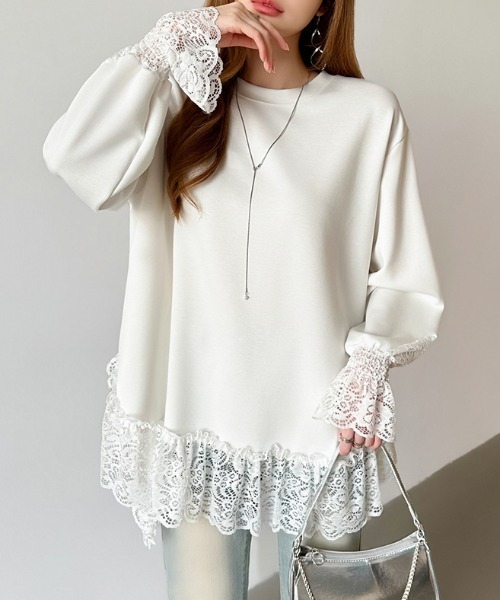 COCOMOMO tシャツ チュニックレーストップス レース切り替え オーバー