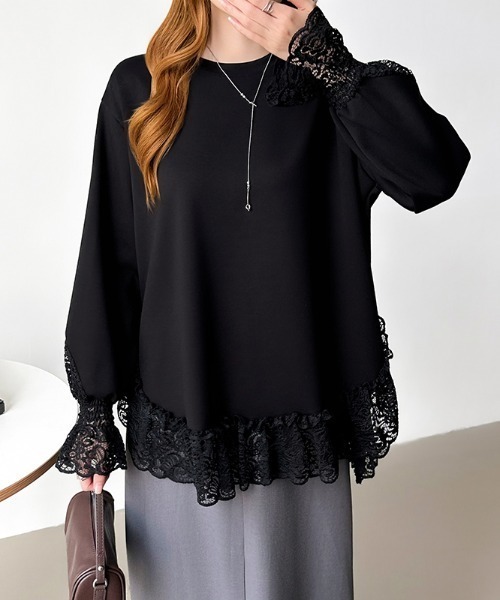 COCOMOMO tシャツ チュニックレーストップス レース切り替え オーバー