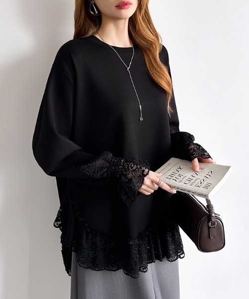 COCOMOMO tシャツ チュニックレーストップス レース切り替え オーバー