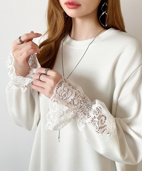 COCOMOMO tシャツ チュニックレーストップス レース切り替え オーバー