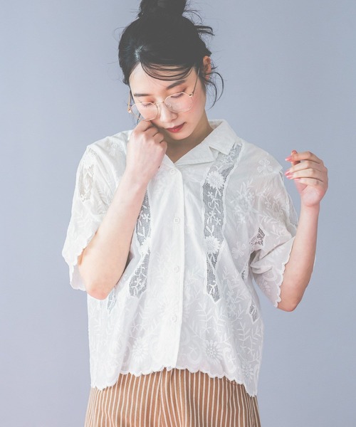 ブラウス シャツ クラフト刺繍開襟シャツ レディースの画像