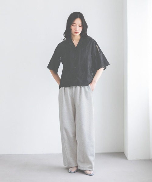 ブラウス シャツ クラフト刺繍開襟シャツ レディースの画像