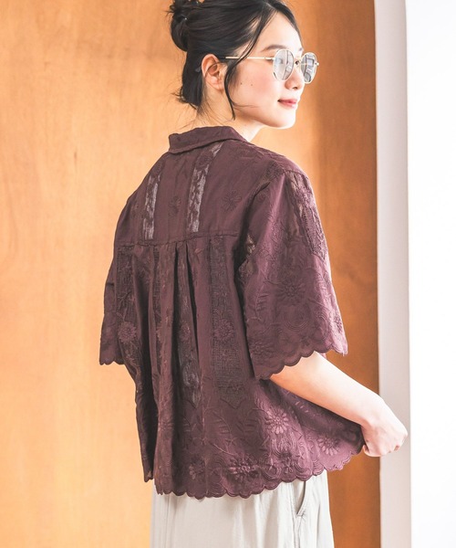 ブラウス シャツ クラフト刺繍開襟シャツ レディースの画像