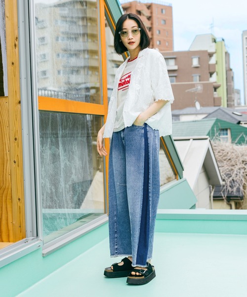 ブラウス シャツ クラフト刺繍開襟シャツ レディースの画像