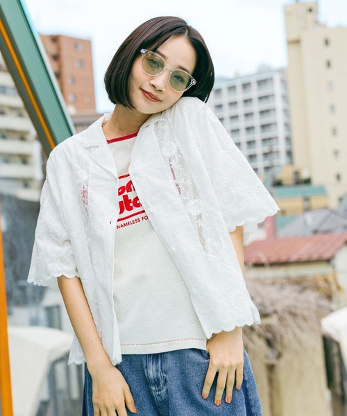 ブラウス シャツ クラフト刺繍開襟シャツ レディースの画像