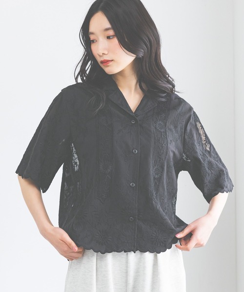 ブラウス シャツ クラフト刺繍開襟シャツ レディースの画像