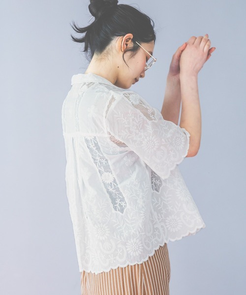 ブラウス シャツ クラフト刺繍開襟シャツ レディースの画像