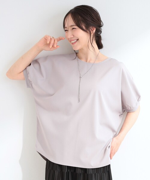 rrrrrrrrr ナインアール　半袖プルオーバーブラウス　グレージュ　麻見え SHOO・LA・RUE（シューラルー） ブラウス シャツ 半袖 「洗濯後しわに