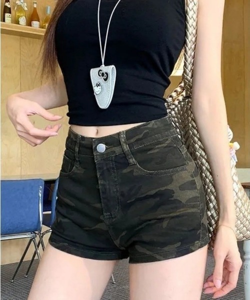 パンツ Y2K 迷彩柄 ハイウエスト デニム ショートパンツ レディース