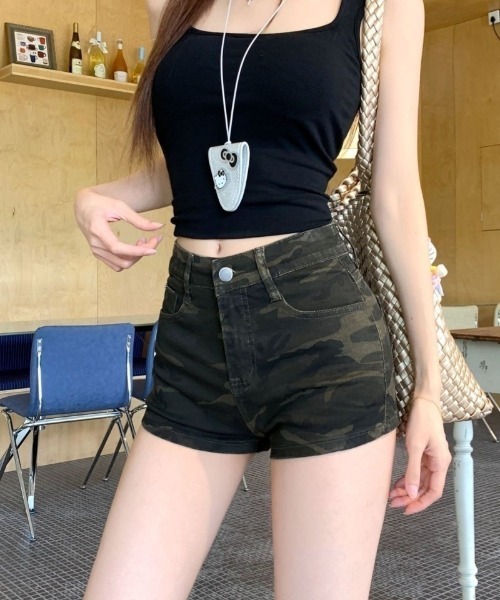 パンツ Y2K 迷彩柄 ハイウエスト デニム ショートパンツ レディース