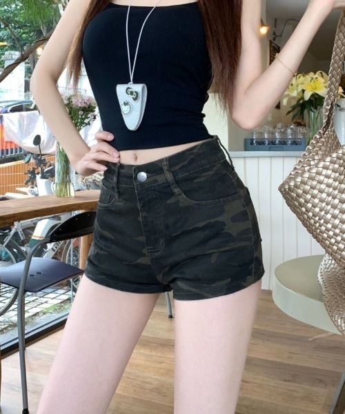 パンツ Y2K 迷彩柄 ハイウエスト デニム ショートパンツ レディース