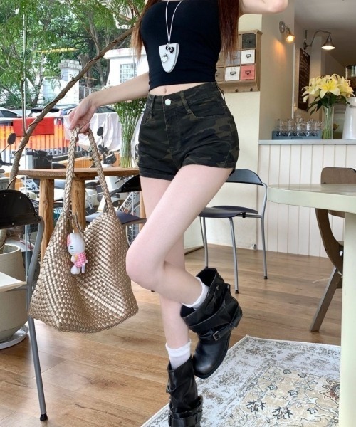 パンツ Y2K 迷彩柄 ハイウエスト デニム ショートパンツ レディース