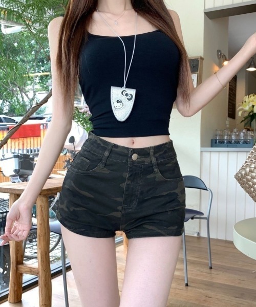 パンツ Y2K 迷彩柄 ハイウエスト デニム ショートパンツ レディース