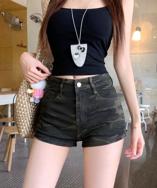 パンツ Y2K 迷彩柄 ハイウエスト デニム ショートパンツ レディース