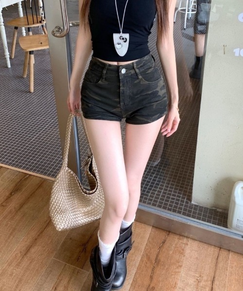 パンツ Y2K 迷彩柄 ハイウエスト デニム ショートパンツ レディース