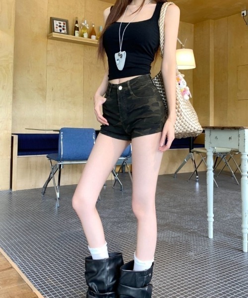 パンツ Y2K 迷彩柄 ハイウエスト デニム ショートパンツ レディース